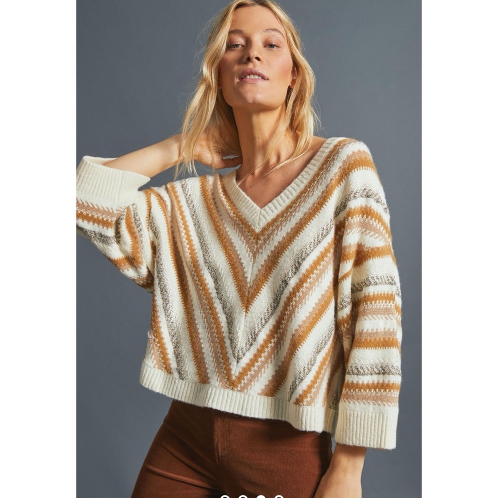 Anthropologie Luna Shimmer Sweater Cropped V-Neck Wool Alpaca Blend Sz XS/S